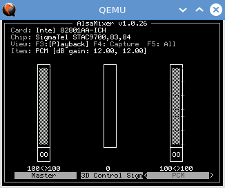 Sound card as AlsaMixer sees it. Note that sound is disabled on each boot,
so run AlsaMixer to fix it.